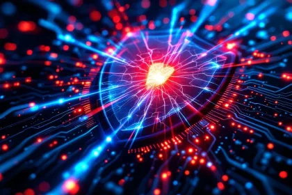 Beschadigde digitale beveiligingsschild met scheuren en rode kwetsbaarheidspunten, gescand door blauwe lasers