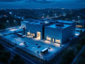 Luchtfoto van beveiligd datacenter bij schemering met hekwerk, camera's en verlichting rond modern betonnen gebouw