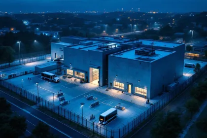 Luchtfoto van beveiligd datacenter bij schemering met hekwerk, camera's en verlichting rond modern betonnen gebouw