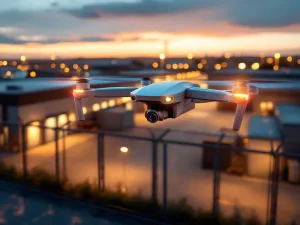 Witte bewakingsdrone met geavanceerde camera zweeft boven moderne industriële faciliteit met veiligheidshekken bij schemering