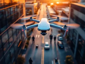Witte beveiligingsdrone met camera boven industrieel complex bij zonsondergang, bewakers lopen beneden, kostenefficiëntie