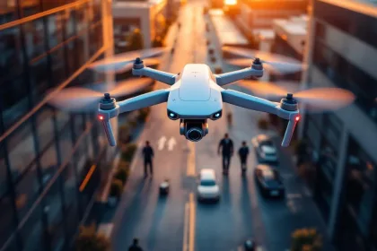 Witte beveiligingsdrone met camera boven industrieel complex bij zonsondergang, bewakers lopen beneden, kostenefficiëntie