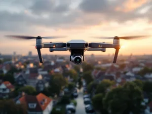 Surveillance drone vliegt boven Nederlandse woonwijk met grachtenhuizen tijdens gouden uur, juridische symbolen in achtergrond