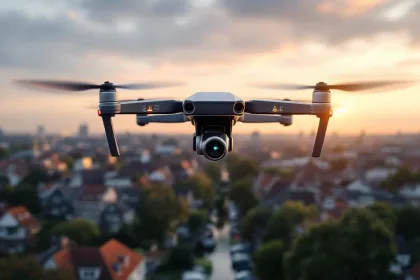 Surveillance drone vliegt boven Nederlandse woonwijk met grachtenhuizen tijdens gouden uur, juridische symbolen in achtergrond