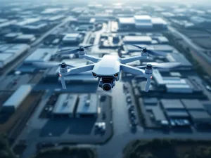 Witte surveillance drone boven groot industrieel terrein met magazijnen en parkeerplaatsen vanuit vogelperspectief