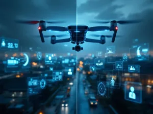 Beveiligingsdrone met camera's zweeft boven industriële faciliteit met transparante monitoringschermen op voorgrond