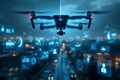 Beveiligingsdrone met camera's zweeft boven industriële faciliteit met transparante monitoringschermen op voorgrond