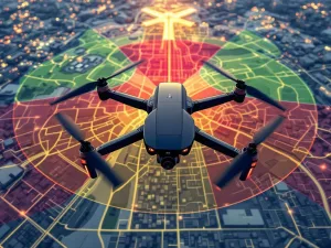 Zwarte beveiligingsdrone boven kleurgecodeerde kaart met groene, rode en gele vliegzones rond stedelijke gebieden