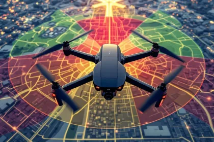 Zwarte beveiligingsdrone boven kleurgecodeerde kaart met groene, rode en gele vliegzones rond stedelijke gebieden