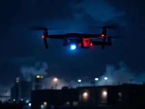 Surveillance drone met LED-verlichting zweeft 's nachts boven industrieel complex met beveiligingsverlichting