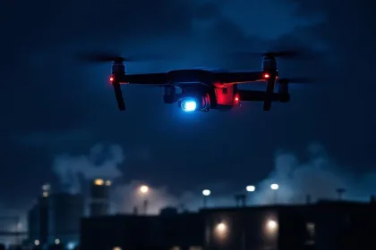 Surveillance drone met LED-verlichting zweeft 's nachts boven industrieel complex met beveiligingsverlichting