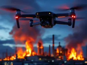 Geavanceerde drone met thermische camera's boven brandend industrieel gebouw bij schemering, blauwe LED-indicatoren zichtbaar