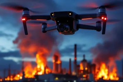 Geavanceerde drone met thermische camera's boven brandend industrieel gebouw bij schemering, blauwe LED-indicatoren zichtbaar