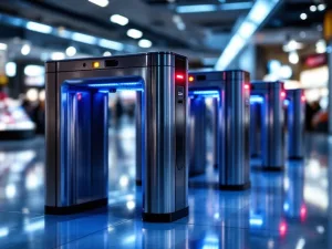 Moderne elektronische beveiligingspoortjes met LED-indicatoren bij winkelingang met glanzende vloeren