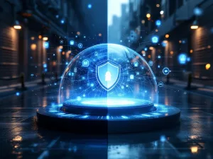 Gesplitst scherm toont fysieke beveiliging links overgaand naar digitale netwerkbeveiliging rechts met centrale beschermkoepel