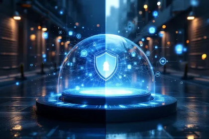 Gesplitst scherm toont fysieke beveiliging links overgaand naar digitale netwerkbeveiliging rechts met centrale beschermkoepel