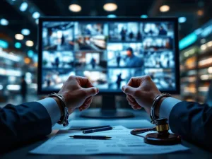 Handen in handboeien boven beveiligingsmonitor met camerabeelden, juridische documenten en hamer op tafel