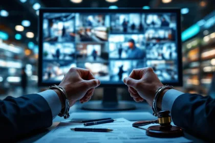 Handen in handboeien boven beveiligingsmonitor met camerabeelden, juridische documenten en hamer op tafel