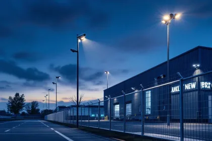 Moderne industriële faciliteit bij schemering met geavanceerde beveiligingscamera's, sensoren en LED-verlichting langs metalen hek