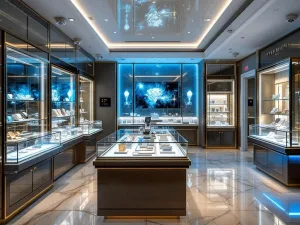 Luxe juwelierszaak interieur met beveiligde vitrines, camera's, sensoren en diamanten achter kogelvrij glas