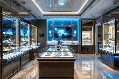 Luxe juwelierszaak interieur met beveiligde vitrines, camera's, sensoren en diamanten achter kogelvrij glas