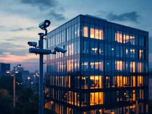 Modern glazen kantoorgebouw bij schemering met beveiligingscamera's en sensoren rondom het pand