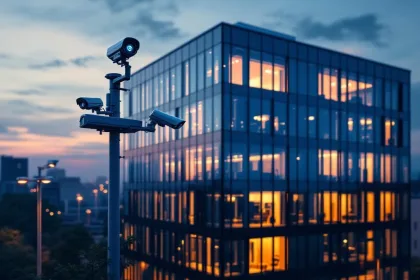 Modern glazen kantoorgebouw bij schemering met beveiligingscamera's en sensoren rondom het pand
