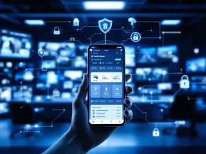 Mobiele telefoon met beveiligingsdashboard in high-tech controlekamer met surveillancemonitors en digitale beveiligingspictogrammen