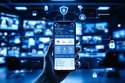 Mobiele telefoon met beveiligingsdashboard in high-tech controlekamer met surveillancemonitors en digitale beveiligingspictogrammen