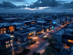 Luchtfoto van modern industrieel complex bij schemering met mobiele bewakingstorens en beveiligingsvoertuigen