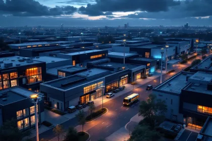 Luchtfoto van modern industrieel complex bij schemering met mobiele bewakingstorens en beveiligingsvoertuigen