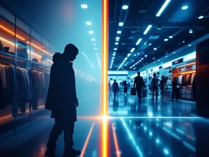 Winkelbeveiliging split-screen: links donkere silhouet bij kledingrekken, rechts verlichte winkel met beveiligingscamera's