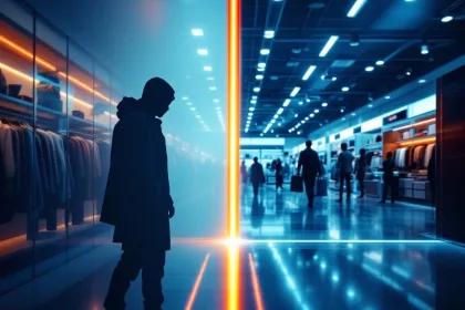 Winkelbeveiliging split-screen: links donkere silhouet bij kledingrekken, rechts verlichte winkel met beveiligingscamera's