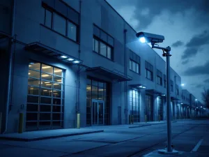 Mobiel beveiligingscamerasysteem op telescoopstang bewaakt leeg industrieel magazijn bij schemering