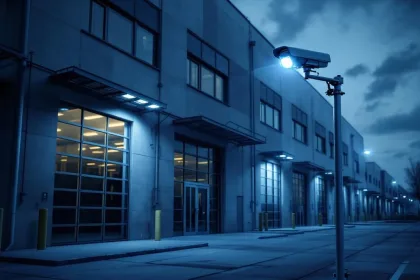 Mobiel beveiligingscamerasysteem op telescoopstang bewaakt leeg industrieel magazijn bij schemering