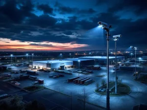 Moderne beveiligingscamera's op mobiele torens bewaken industrieel bedrijventerrein bij schemering met strategische verlichting