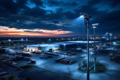 Moderne beveiligingscamera's op mobiele torens bewaken industrieel bedrijventerrein bij schemering met strategische verlichting