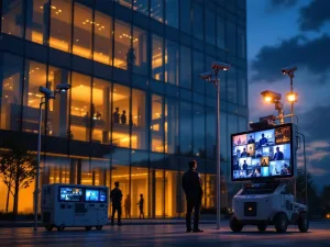 Modern kantoorgebouw bij schemering met beveiligingscamera's en mobiele bewakingsunit met meerdere schermen