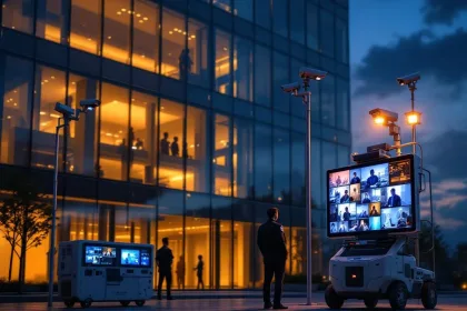 Modern kantoorgebouw bij schemering met beveiligingscamera's en mobiele bewakingsunit met meerdere schermen