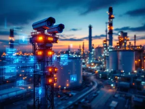 Moderne industriële beveiliging met mobiele bewakingstoren en digitale beveiligingsschermen bij schemering