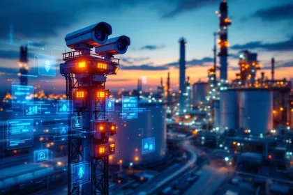 Moderne industriële beveiliging met mobiele bewakingstoren en digitale beveiligingsschermen bij schemering