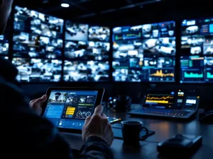 Beveiligingsoperator gebruikt MIOS tablet-interface in moderne controlekamer met live bewakingscamera's en dataschermen