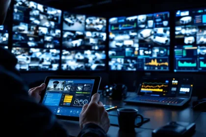 Beveiligingsoperator gebruikt MIOS tablet-interface in moderne controlekamer met live bewakingscamera's en dataschermen