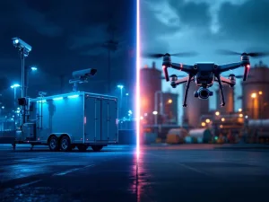 Mobiele bewakingstrailer met cameramast en beveiligingsdrone boven industriële faciliteit in split-screen vergelijking