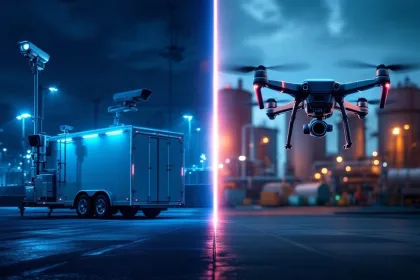 Mobiele bewakingstrailer met cameramast en beveiligingsdrone boven industriële faciliteit in split-screen vergelijking
