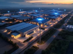 Luchtfoto van industrieel complex bij schemering met mobiele bewakingstorens en blauwe LED-verlichting voor beveiliging