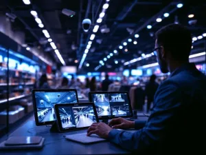 Beveiligingsprofessional monitort MIOS bewakingscamera's in moderne winkel via mobiele apparaten met real-time feeds