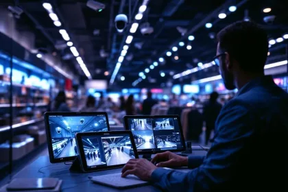 Beveiligingsprofessional monitort MIOS bewakingscamera's in moderne winkel via mobiele apparaten met real-time feeds