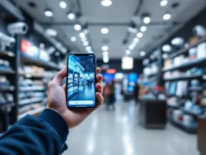 Hand met smartphone toont beveiligingsapp in moderne winkel met bewakingscamera's en displays op achtergrond