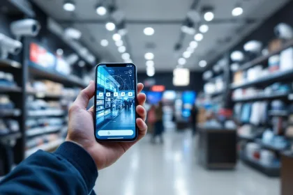 Hand met smartphone toont beveiligingsapp in moderne winkel met bewakingscamera's en displays op achtergrond